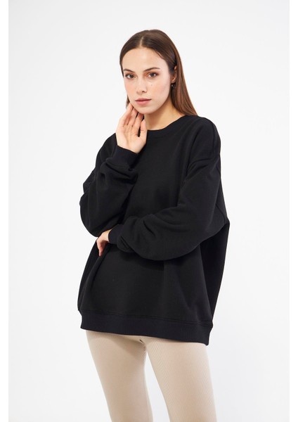 Siyah Kadın Oversize Basic Sweatshirt - Karmen modelleri