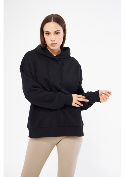 Kadın Oversize Basic Kapüşonlu Sweatshirt Siyah - Fruno