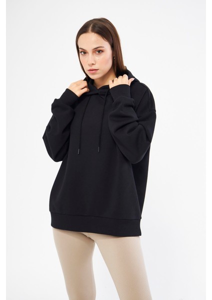 Kadın Oversize Basic Kapüşonlu Sweatshirt Siyah - Fruno