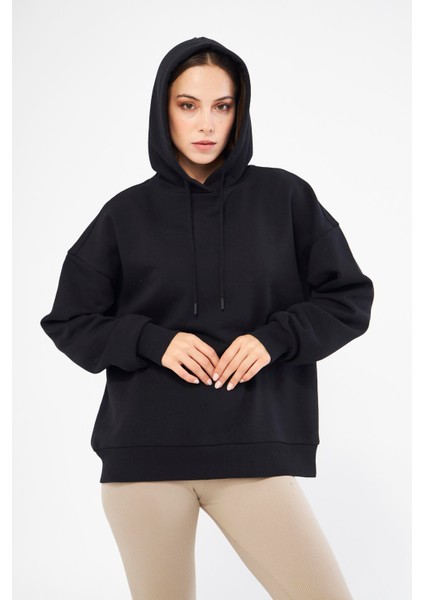 Kadın Oversize Basic Kapüşonlu Sweatshirt Siyah - Fruno