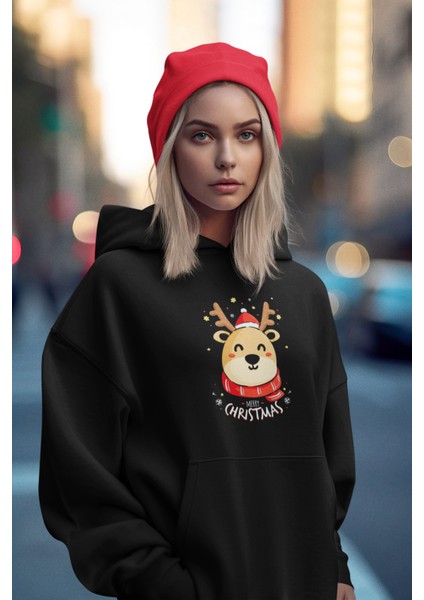 Siyah Yeni Yıl Yılbaşı Merry Christmas Özel Tasarım Yeniyıl Temalı Hediyelik Kapşonlu Sweatshirt