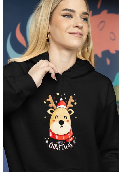 Siyah Yeni Yıl Yılbaşı Merry Christmas Özel Tasarım Yeniyıl Temalı Hediyelik Kapşonlu Sweatshirt modelleri