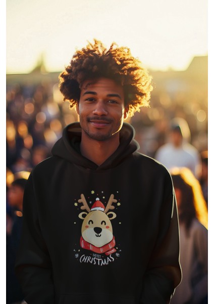 Siyah Yeni Yıl Yılbaşı Merry Christmas Özel Tasarım Yeniyıl Temalı Hediyelik Kapşonlu Sweatshirt fırsatları