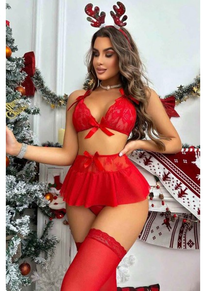 Kadın Kırmızı Mini Etekli Çoraplı Yılbaşı Dantelli Tül Seksi Gecelik 76048