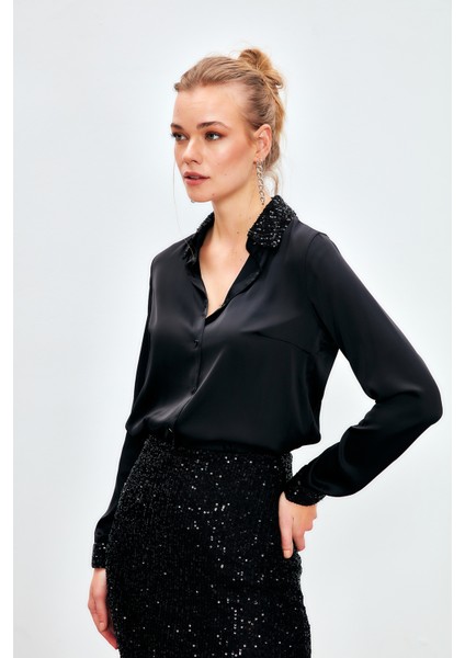 Payet Detaylı Saten Gömlek - Siyah fırsatları