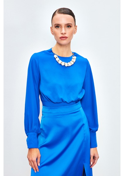 Kolye Detaylı Crop Bluz - Sax Mavi indirimleri