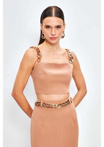 Gold Zincir Askılı Crop Bluz - Camel