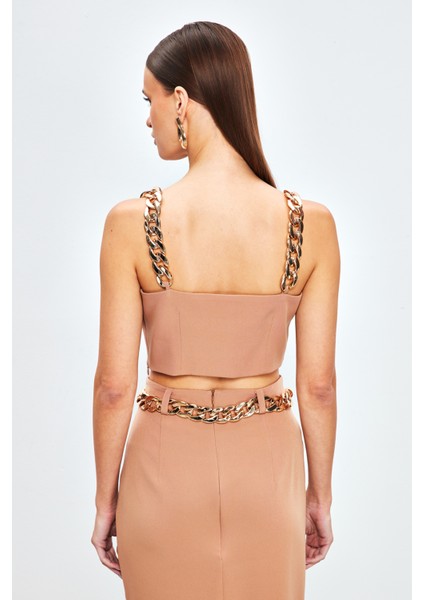 Gold Zincir Askılı Crop Bluz - Camel