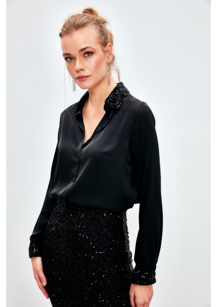 Payet Detaylı Saten Gömlek - Siyah
