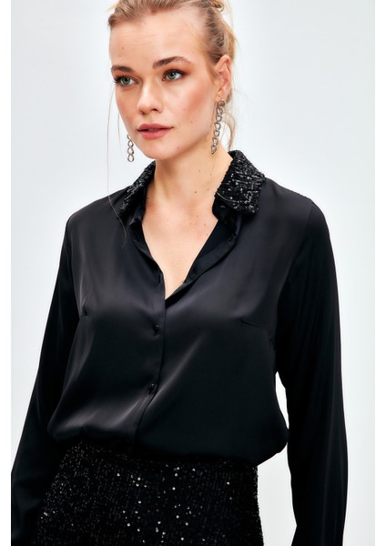 Payet Detaylı Saten Gömlek - Siyah fiyatları