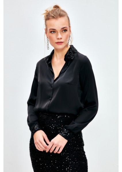 Payet Detaylı Saten Gömlek - Siyah modelleri
