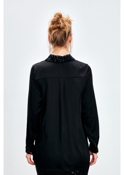 Payet Detaylı Saten Gömlek - Siyah indirimleri