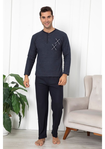 Falkom 7055 Pamuklu İnterlok Kışlık Erkek Çizgili Pijama Takımı