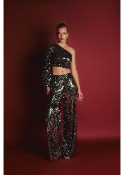 Bol Paça Payetli Pantolon - Gümüş