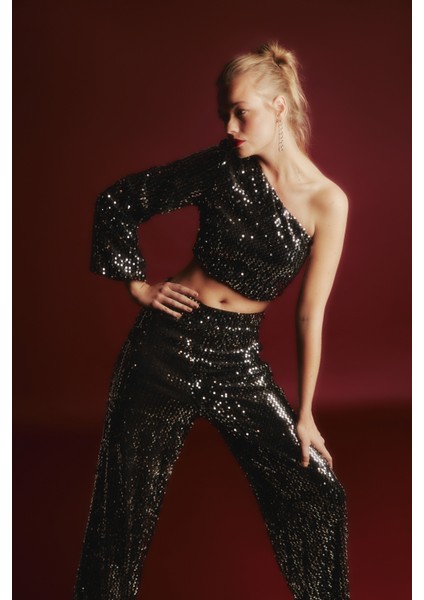 Bol Paça Payetli Pantolon - Gümüş modelleri