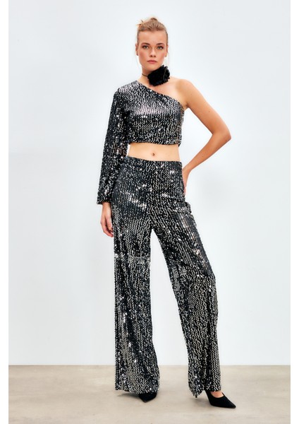 Bol Paça Payetli Pantolon - Gümüş indirimleri