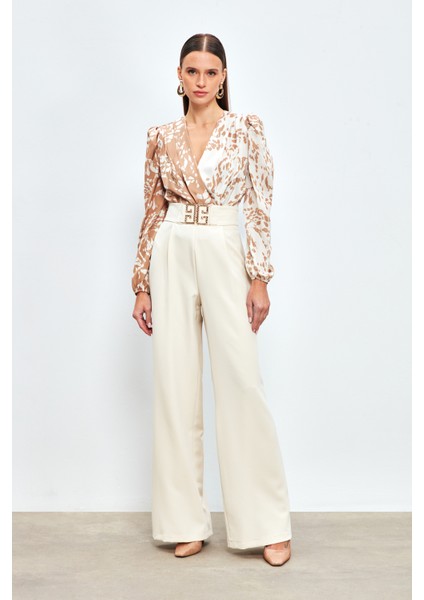 Bel Aksesuarlı Bol Paça Pantolon - Taş