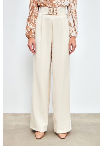 Bel Aksesuarlı Bol Paça Pantolon - Taş fırsatları