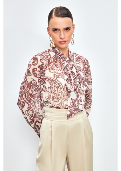 Yaka Fularlı Desenli Gömlek - Kahve fiyatları