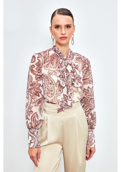 Yaka Fularlı Desenli Gömlek - Kahve modelleri