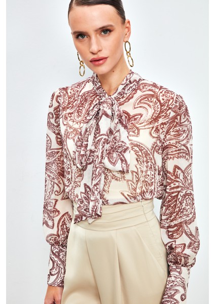 Yaka Fularlı Desenli Gömlek - Kahve fırsatları