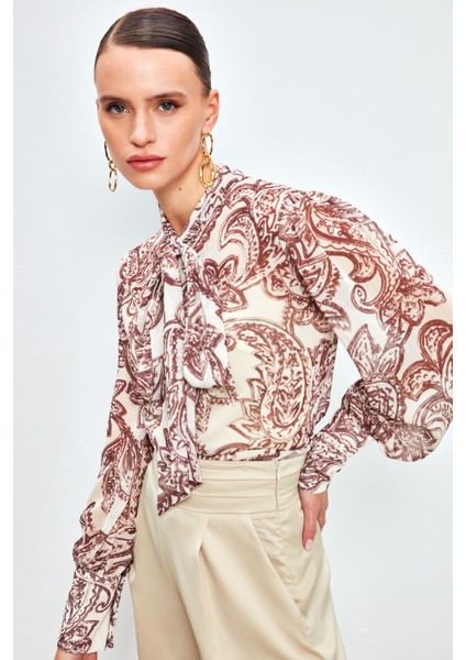 Yaka Fularlı Desenli Gömlek - Kahve indirimleri