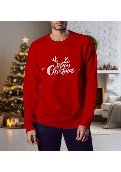 Erkek Kırmızı Oversize Kalın İçi Polarlı Geyik ve Merry Chrıstmas Temalı Sweatshirt