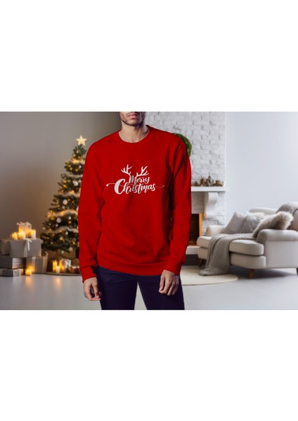 Erkek Kırmızı Oversize Kalın İçi Polarlı Geyik ve Merry Chrıstmas Temalı Sweatshirt