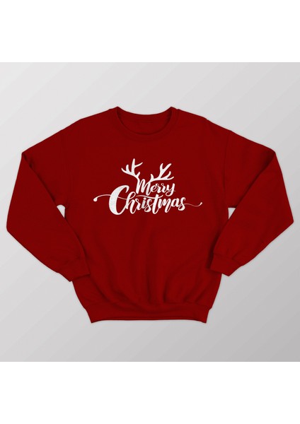 Erkek Kırmızı Oversize Kalın İçi Polarlı Geyik ve Merry Chrıstmas Temalı Sweatshirt