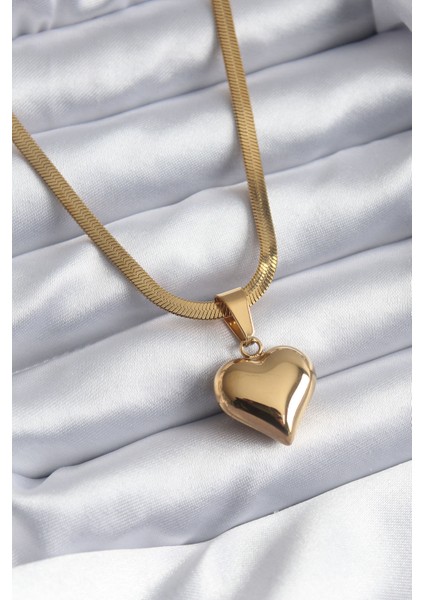 316L Çelik Gold Renk Italyan Zincir Model 3D Kalp Model Kadın Kolye