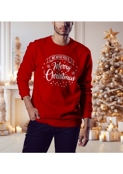 Erkek Kırmızı Oversize Kalın İçi Polarlı Merry Chrıstmas ve Kar Taneli Sweatshirt