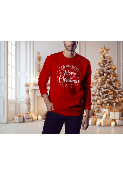 Erkek Kırmızı Oversize Kalın İçi Polarlı Merry Chrıstmas ve Kar Taneli Sweatshirt