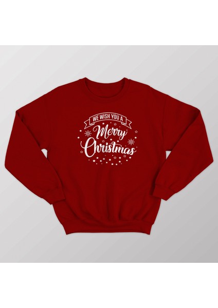 Erkek Kırmızı Oversize Kalın İçi Polarlı Merry Chrıstmas ve Kar Taneli Sweatshirt