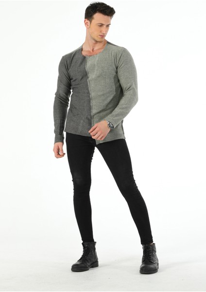 Sıfır Yaka Çapraz Kesim Parçalı Pis Dikiş Özel Boyama Eskitme Efektli Triko Kazak