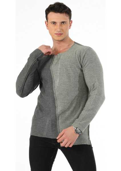 Sıfır Yaka Çapraz Kesim Parçalı Pis Dikiş Özel Boyama Eskitme Efektli Triko Kazak indirimleri