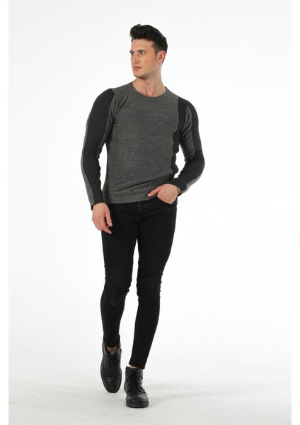 Kol Beden Parçalı Fitil Desen Sıfır Yaka Slim Fit Spor Triko Kazak