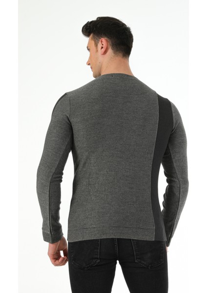Kol Beden Parçalı Fitil Desen Sıfır Yaka Slim Fit Spor Triko Kazak