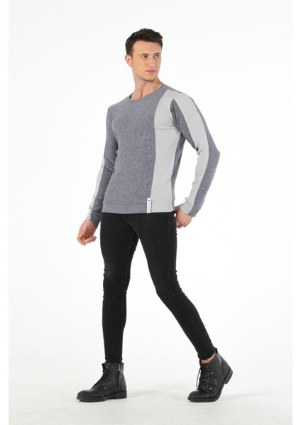 Kol Beden Parçalı Fitil Desen Sıfır Yaka Slim Fit Spor Triko Kazak