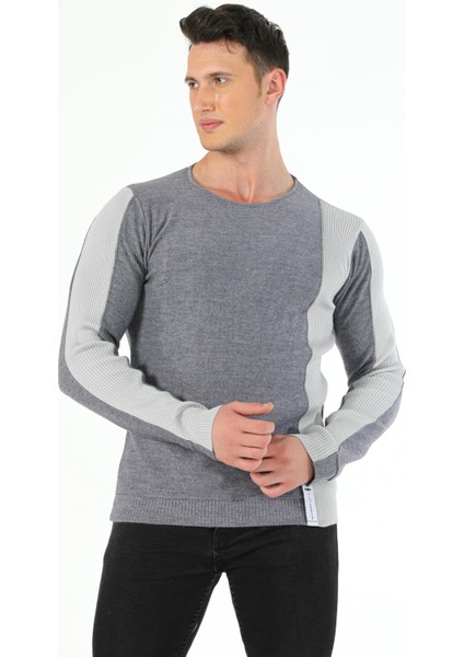 Kol Beden Parçalı Fitil Desen Sıfır Yaka Slim Fit Spor Triko Kazak