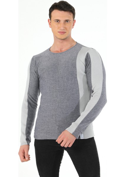 Kol Beden Parçalı Fitil Desen Sıfır Yaka Slim Fit Spor Triko Kazak
