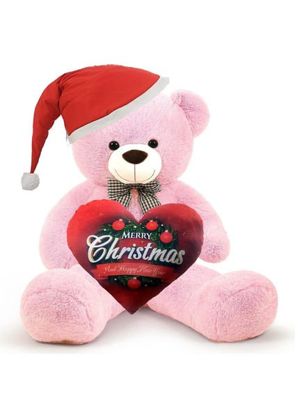 Yeni Yıla Özel : Elinde Baskılı Kalbi ve Noel Şapkalı 90 cm Papyonlu Peluş Ayıcık - Yeni Yıl Temalı