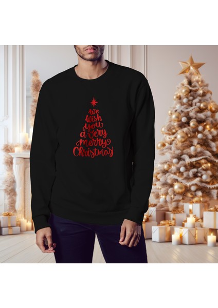 Erkek Siyah Oversize Kalın İçi Polarlı Kırmızı We Wısh You A Merry Chrıstmas Yazılı Sweatshirt