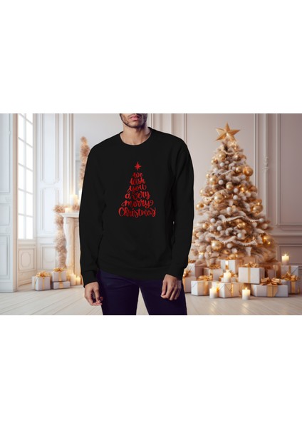 Erkek Siyah Oversize Kalın İçi Polarlı Kırmızı We Wısh You A Merry Chrıstmas Yazılı Sweatshirt