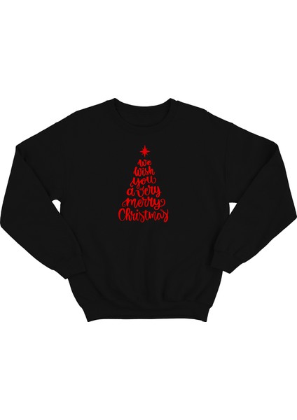 Erkek Siyah Oversize Kalın İçi Polarlı Kırmızı We Wısh You A Merry Chrıstmas Yazılı Sweatshirt