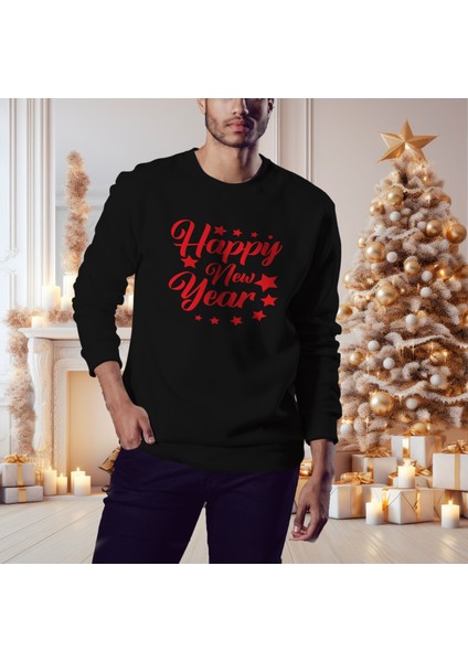 Erkek Siyah Oversize Kalın İçi Polarlı Kırmızı Happy New Year Yazılı Sweatshirt