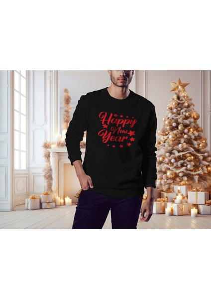 Erkek Siyah Oversize Kalın İçi Polarlı Kırmızı Happy New Year Yazılı Sweatshirt