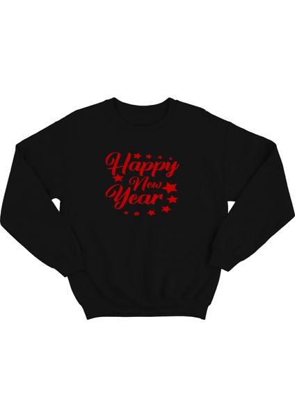 Erkek Siyah Oversize Kalın İçi Polarlı Kırmızı Happy New Year Yazılı Sweatshirt