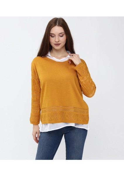 Örme Ajurlu Yumoş Triko Bluz ve Beyaz Keten Gömlek Kombin