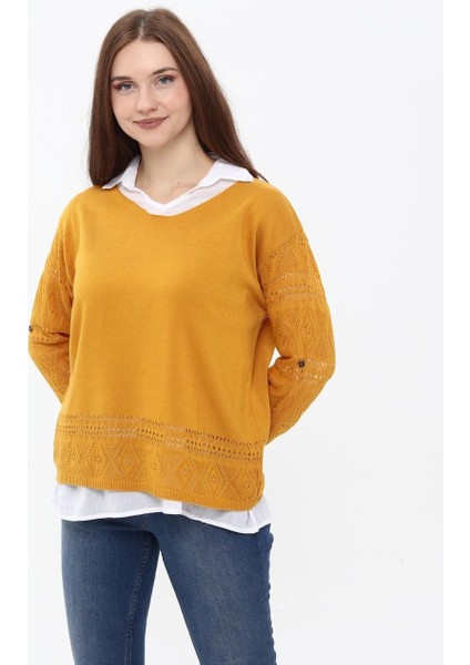 Örme Ajurlu Yumoş Triko Bluz ve Beyaz Keten Gömlek Kombin fiyatları