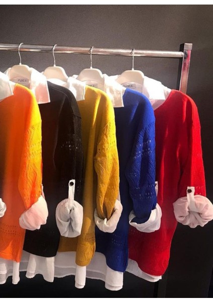 Örme Ajurlu Yumoş Triko Bluz ve Beyaz Keten Gömlek Kombin fırsatları